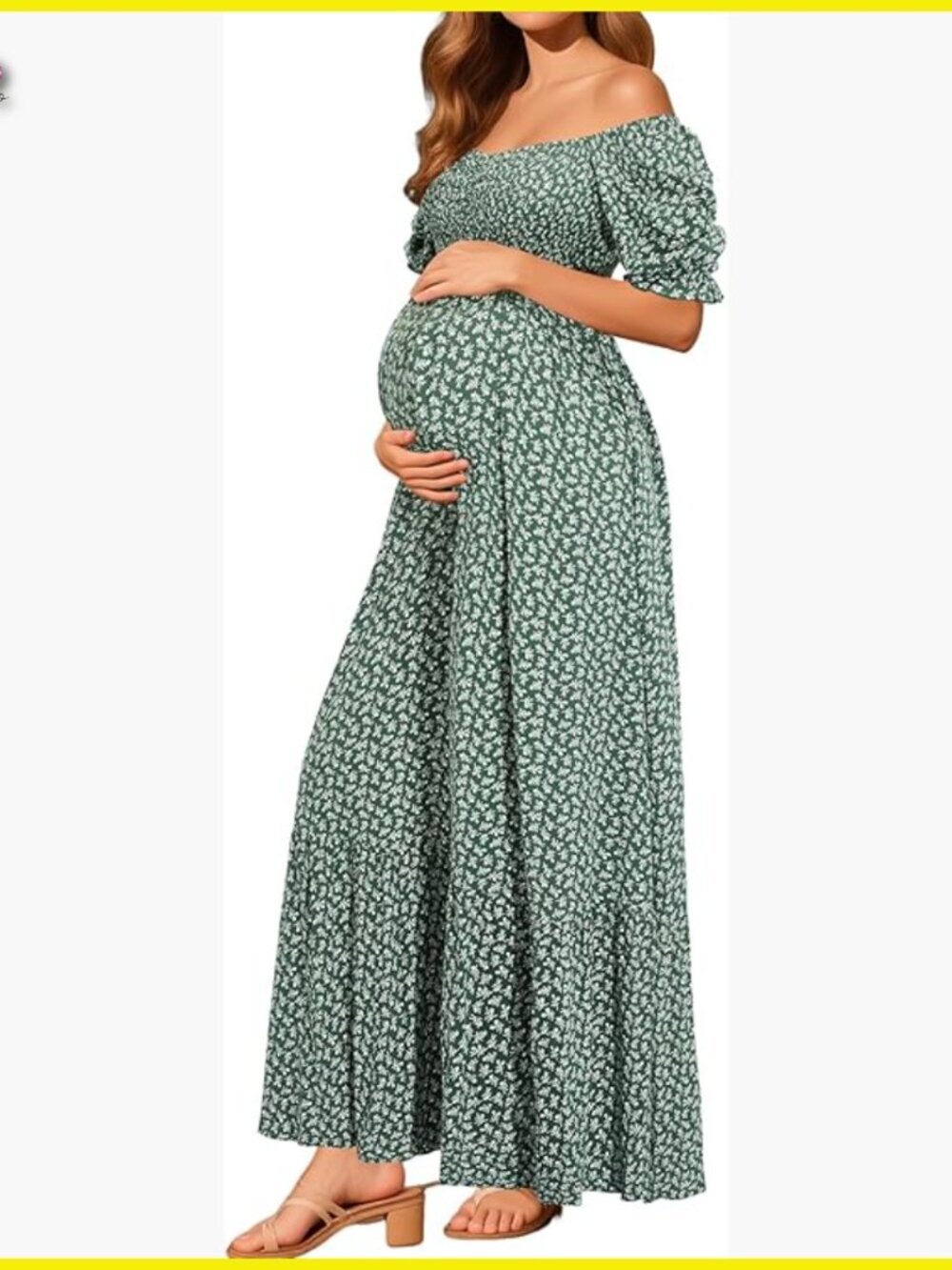 Maternity Maxi Dress Off Shoulder Puff Sleeve A-Line Casual Summer Floral